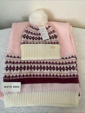 Anne Klein Pink, Cream & Burgundy Fair Isle Knit Hat & Scarf Set